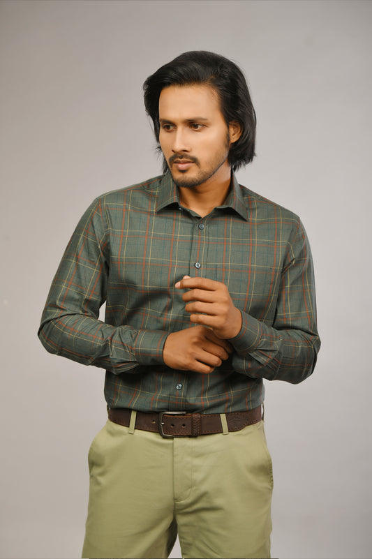 Men's fashion olive green melange check shirt with full sleeves and English spread collar, styled for comfort and elegance.
