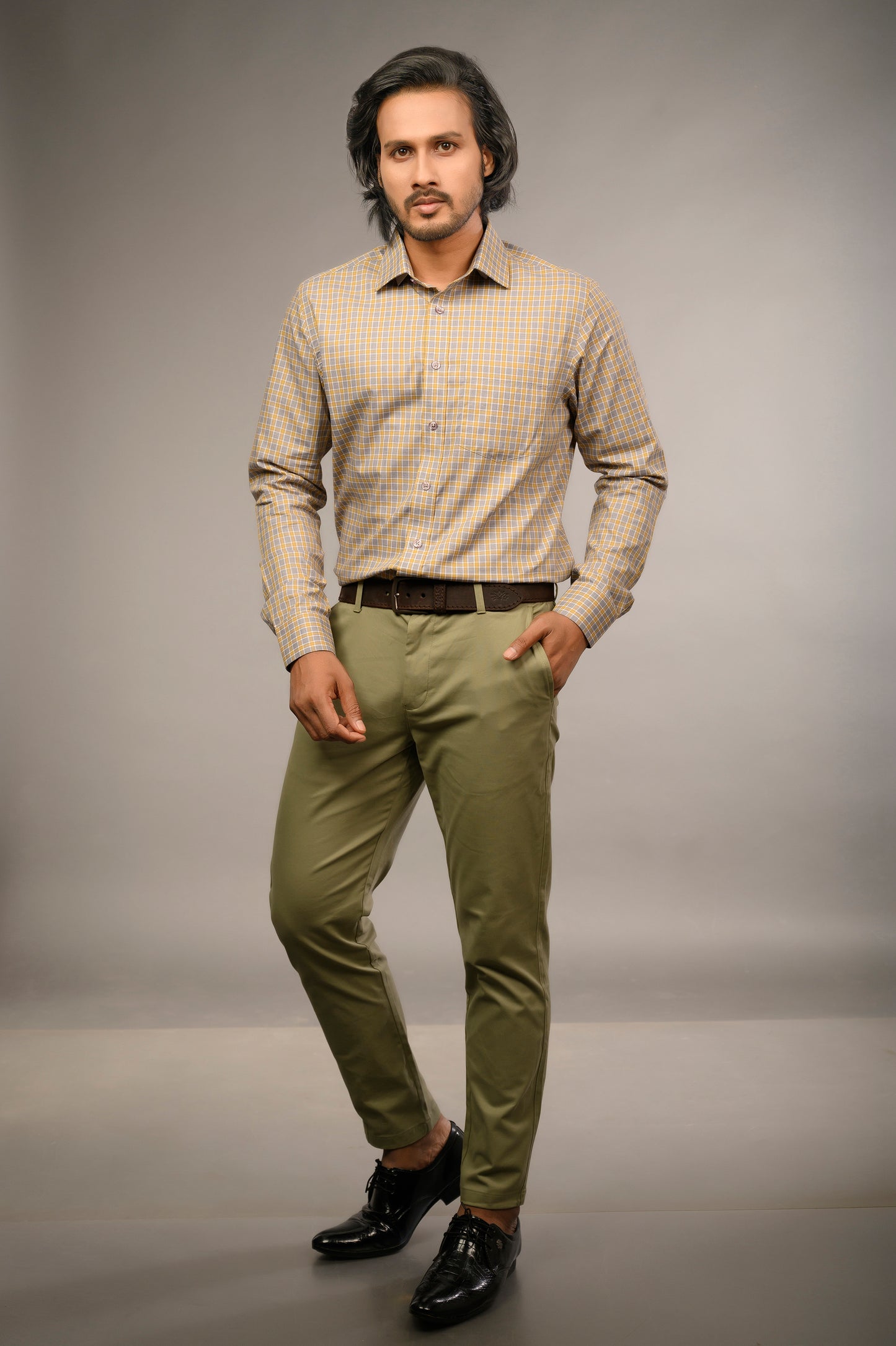 Elegant Grey & Yellow Checkered Shirt