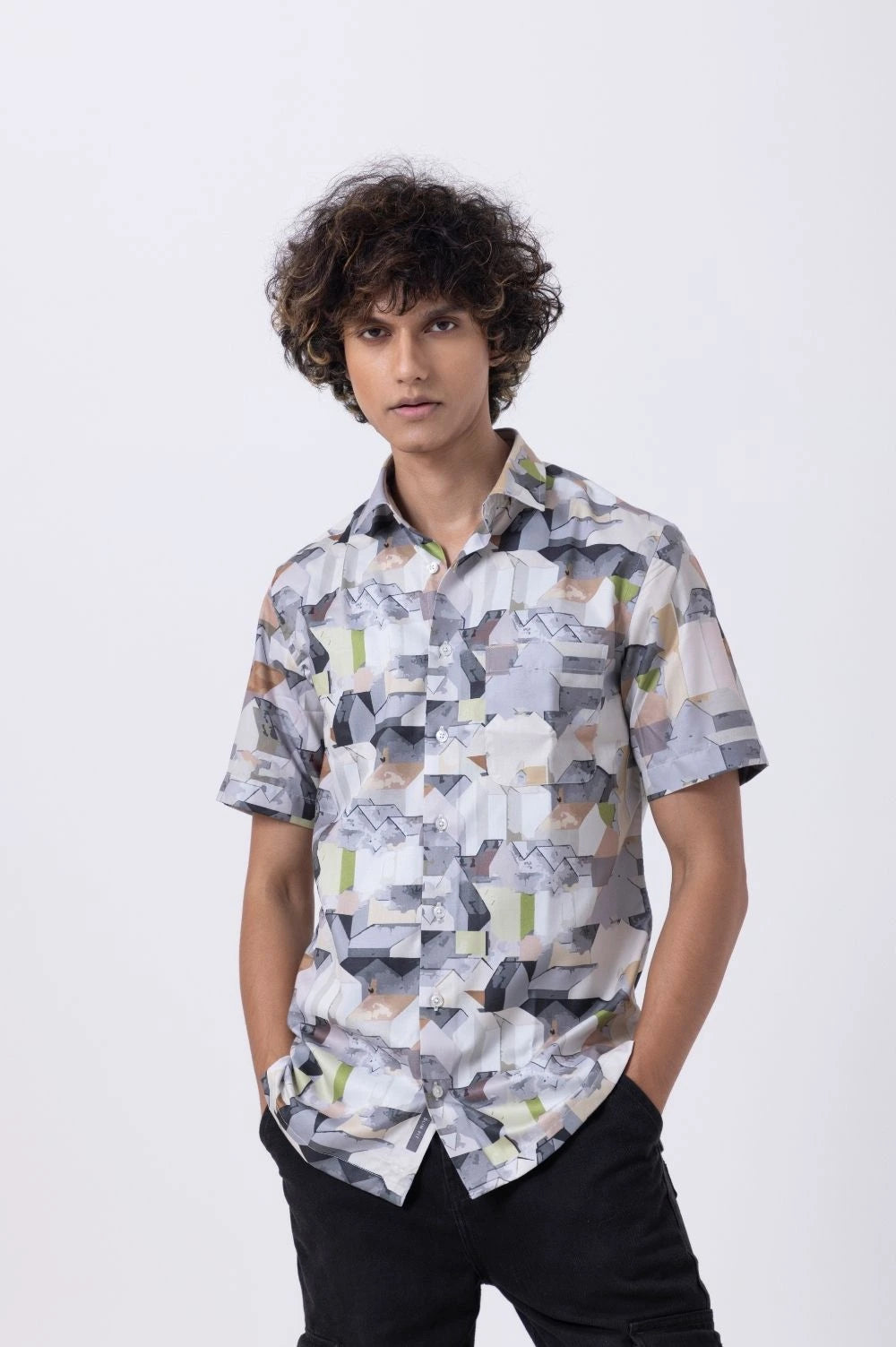 Multicolor abstract print slim fit shirt for men, perfect for modern, stylish, and professional looks.