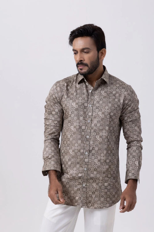 Men's printed full sleeve shirt in baglam linen, featuring vintage open collar style for casual and formal wear.