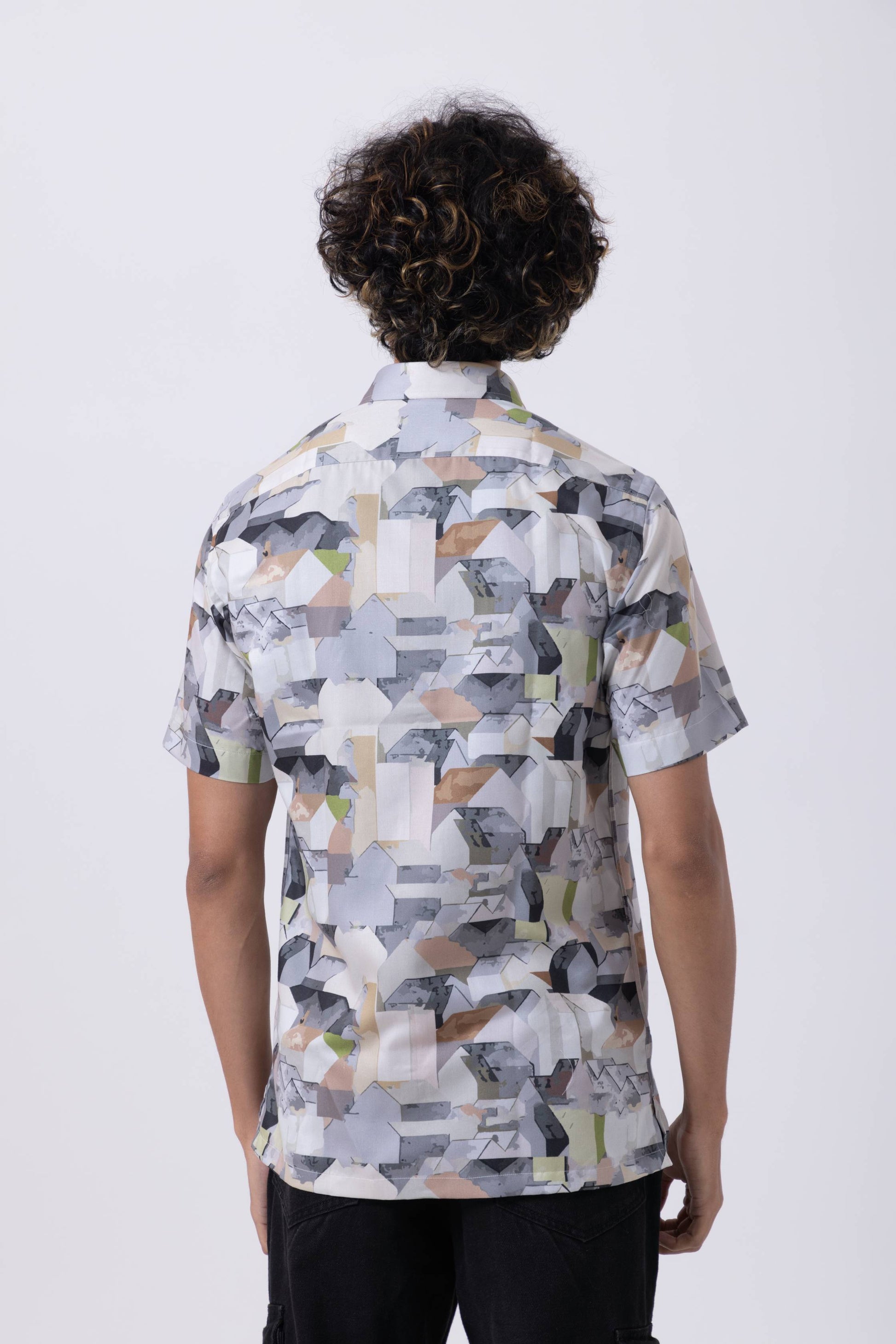 Back view of multicolor abstract print slim fit shirt for men by Tailors Cove.