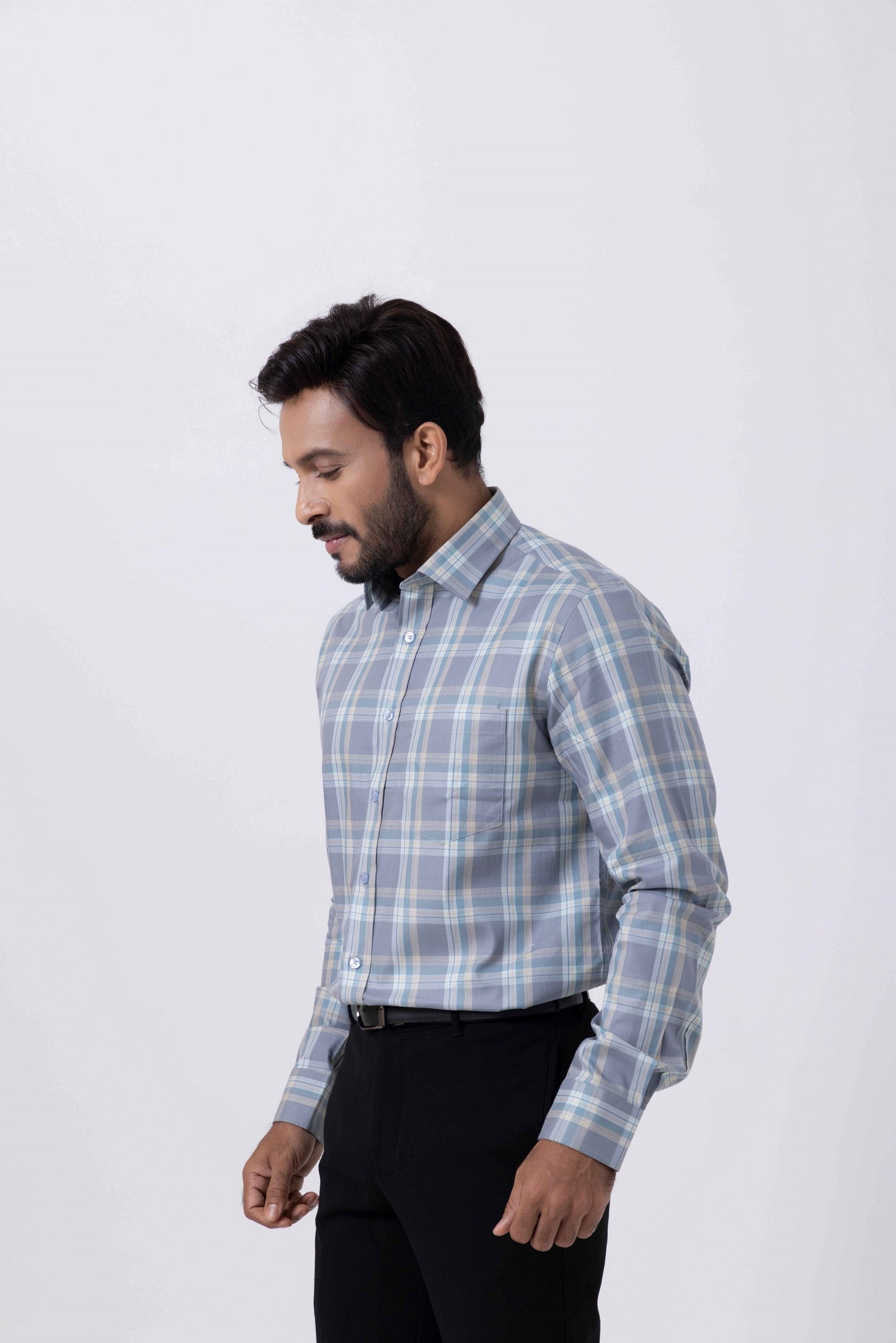 Men's grey checkered regular fit Giza cotton shirt by Tailors Cove, showcasing an elegant design and lightweight feel.