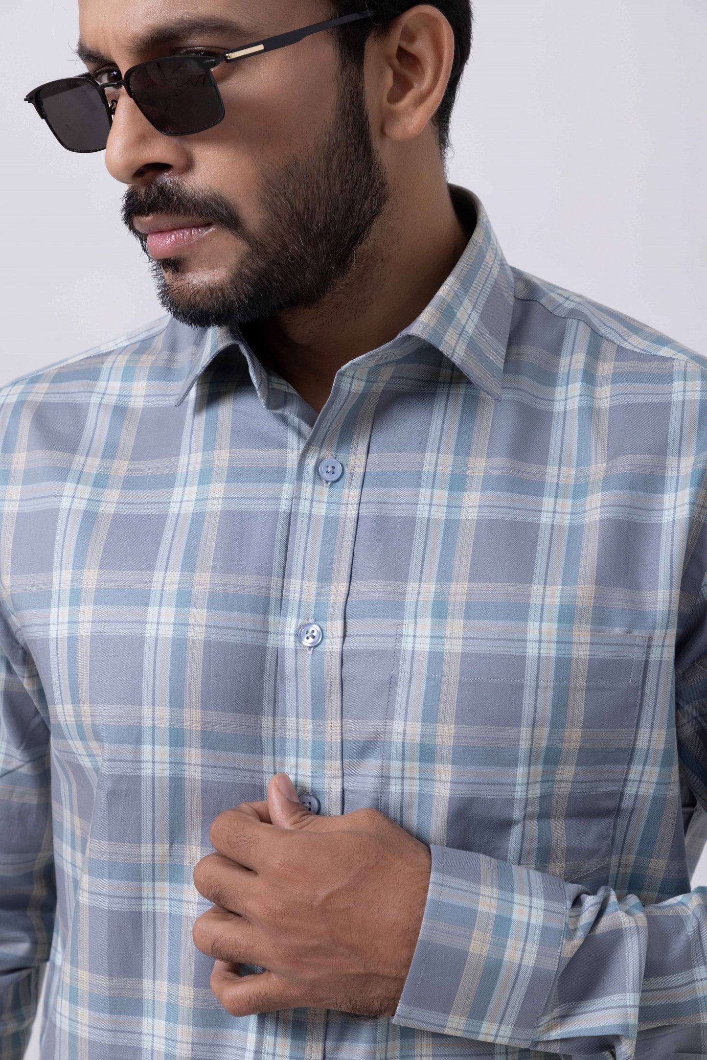 Men's Grey Checkered Regular Fit Giza Cotton shirt by Tailors Cove, perfect for formal occasions and casual wear.