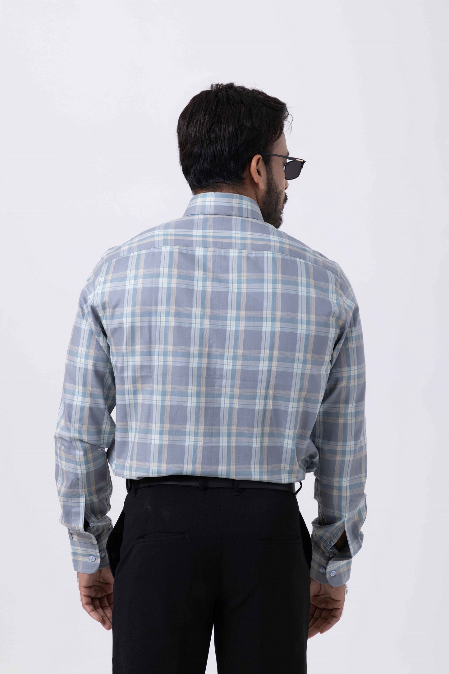 Men's grey checkered Giza cotton shirt showing back view, featuring regular fit and English spread collar.