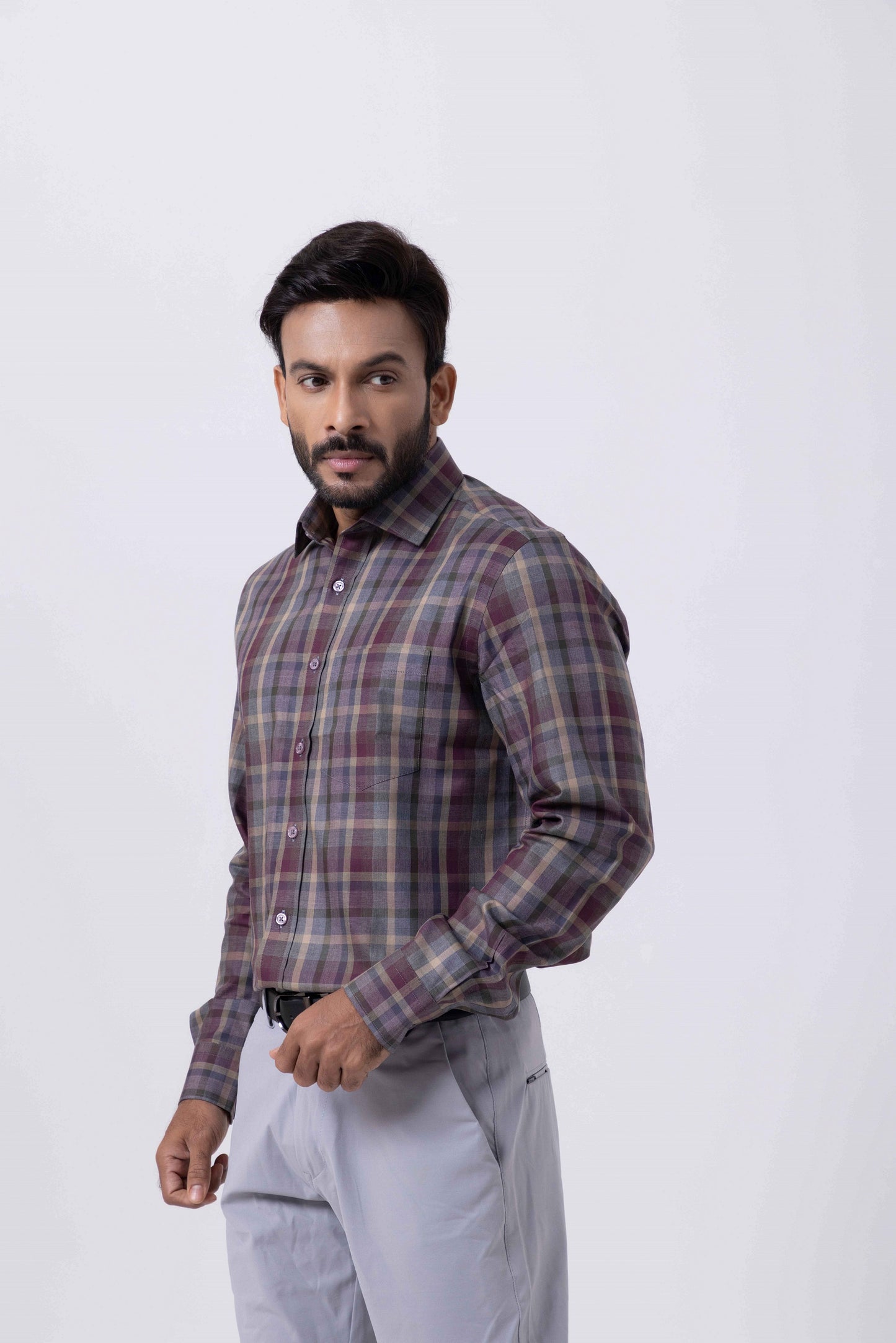 Men's violet checkered regular fit Giza cotton shirt by Tailors Cove, showcasing premium softness and style.