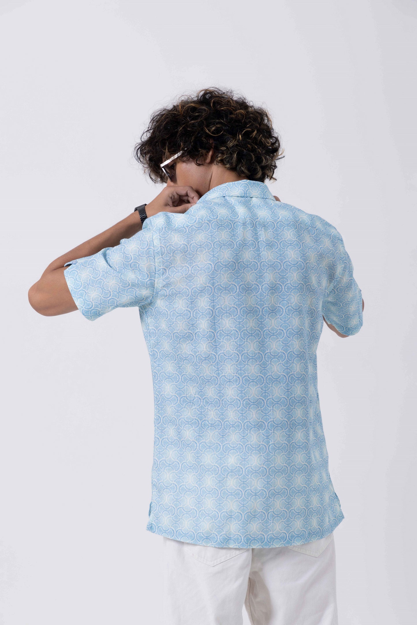 Men's Vintage Print Open Collar Regular Fit Shirt in light blue, showcasing short sleeves and a casual yet polished style.