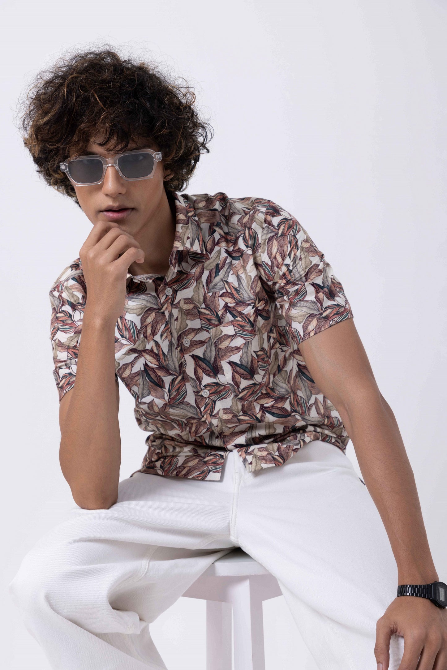 Style the Men's Seasonal Print Down Collar Slim Fit Shirt in breathable fabric for a modern, relaxed summer look.