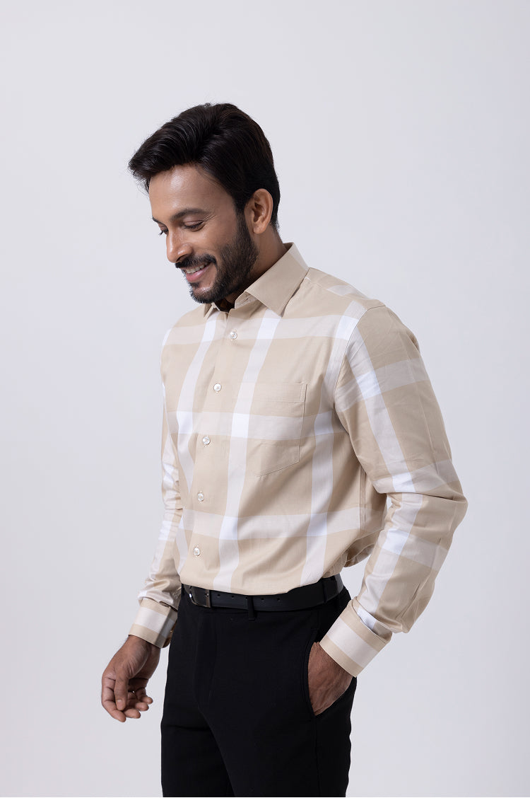 Giza Big Check Cream Regular Fit Shirt