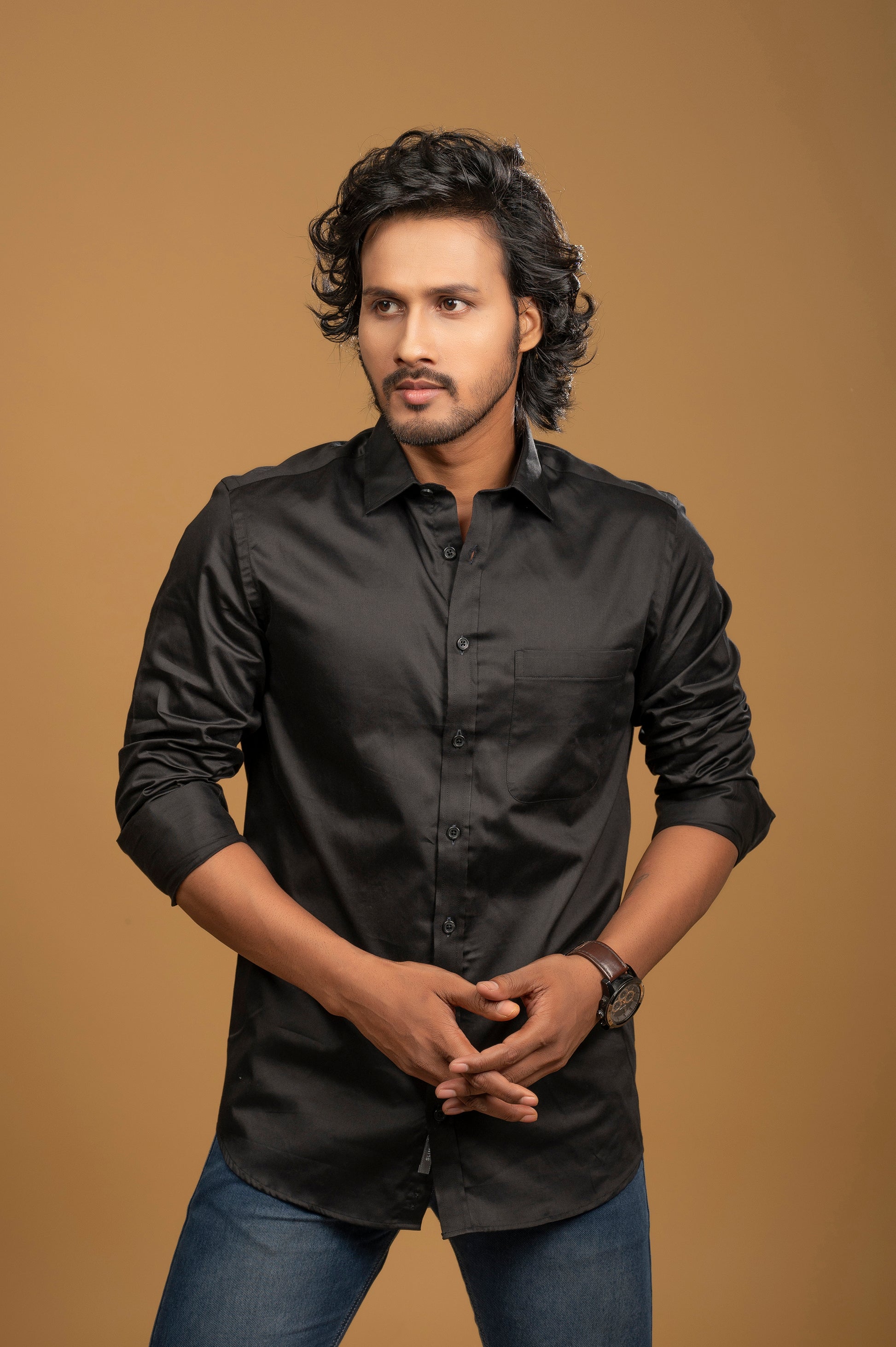 Black Satin Charm Slim Fit Shirt