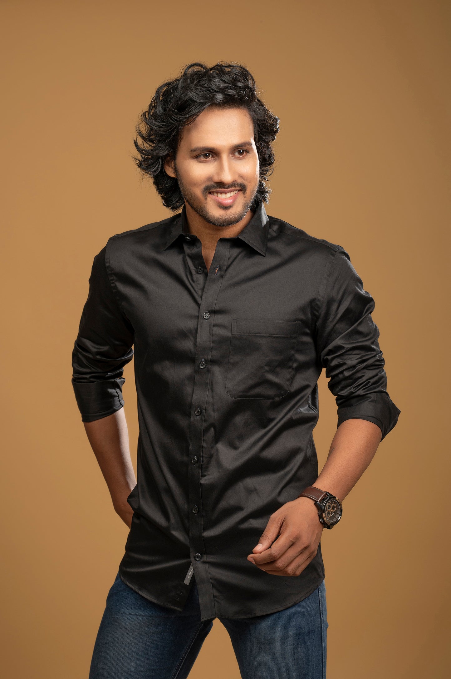 Black Satin Charm Slim Fit Shirt