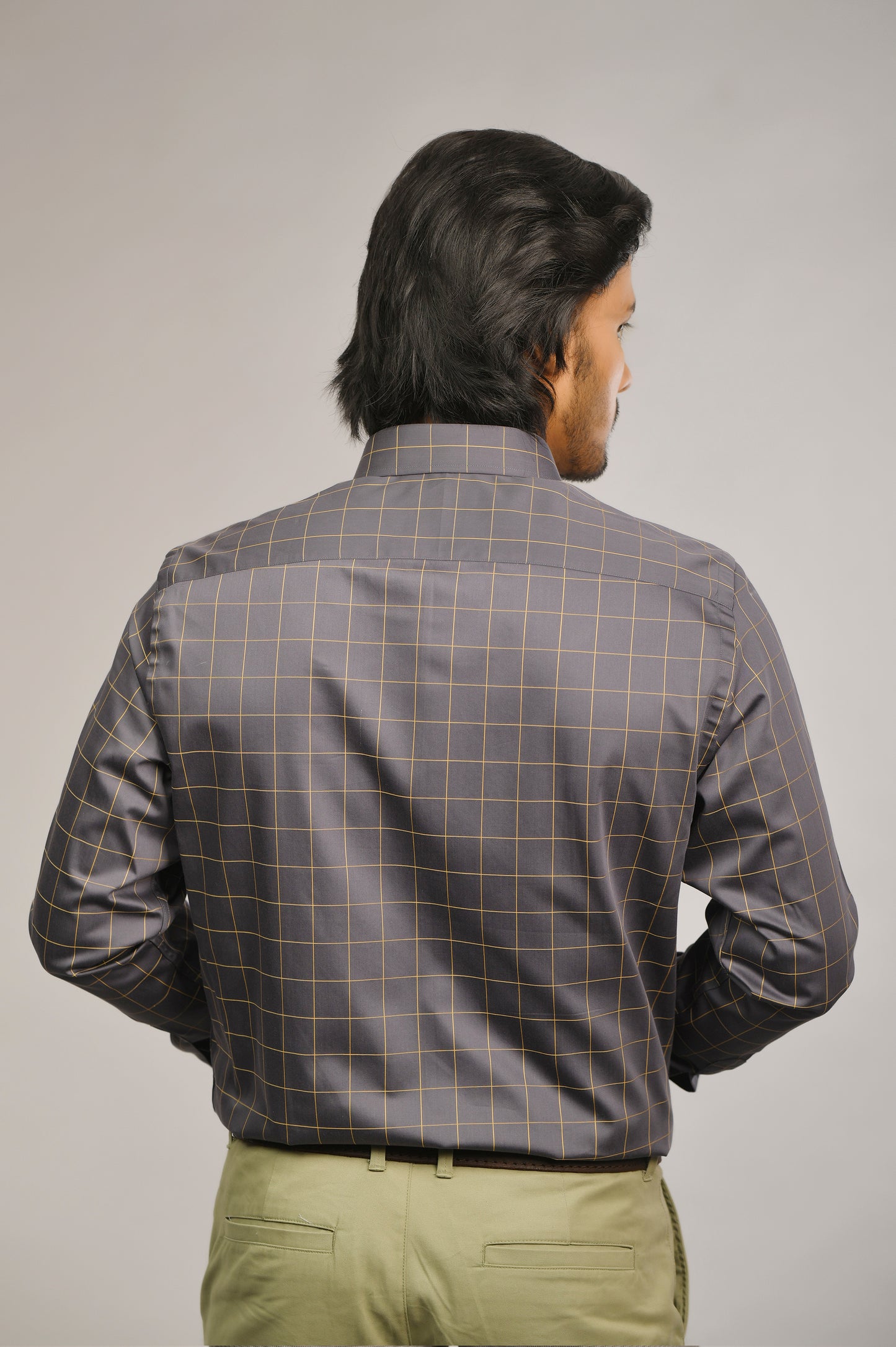 Satin Grey-Gold Box Check Shirt