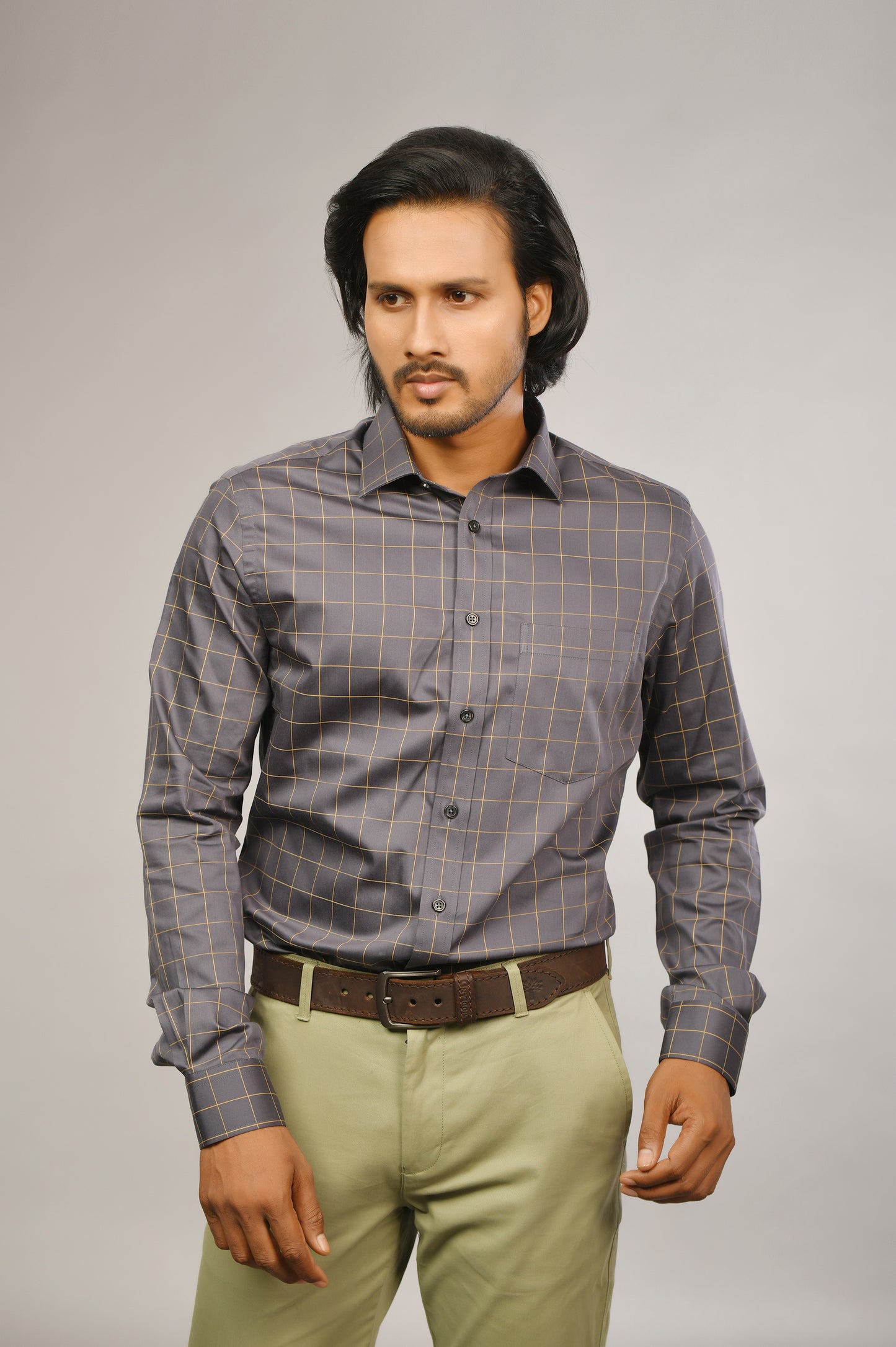 Satin Grey-Gold Box Check Shirt