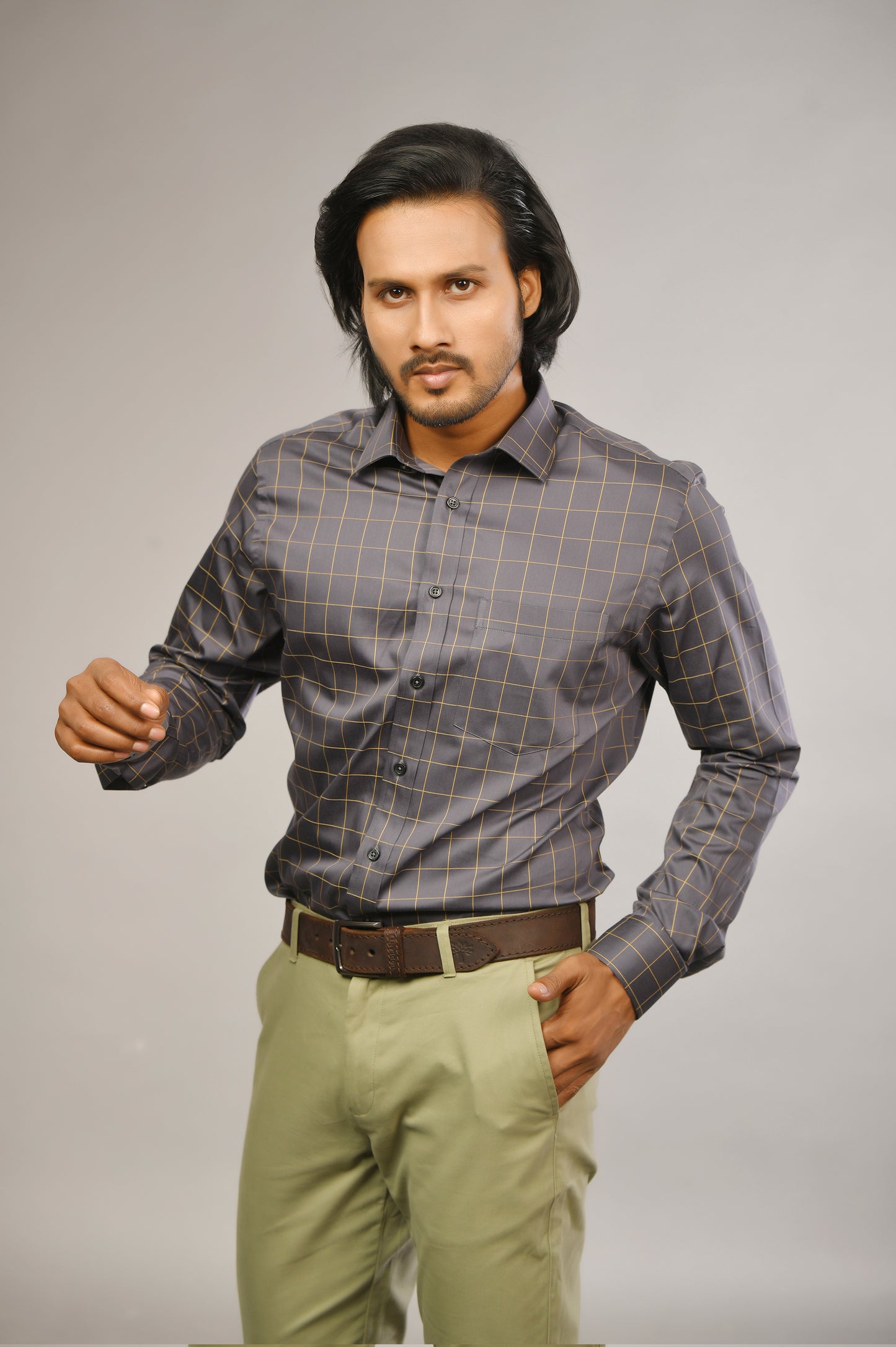 Satin Grey-Gold Box Check Shirt