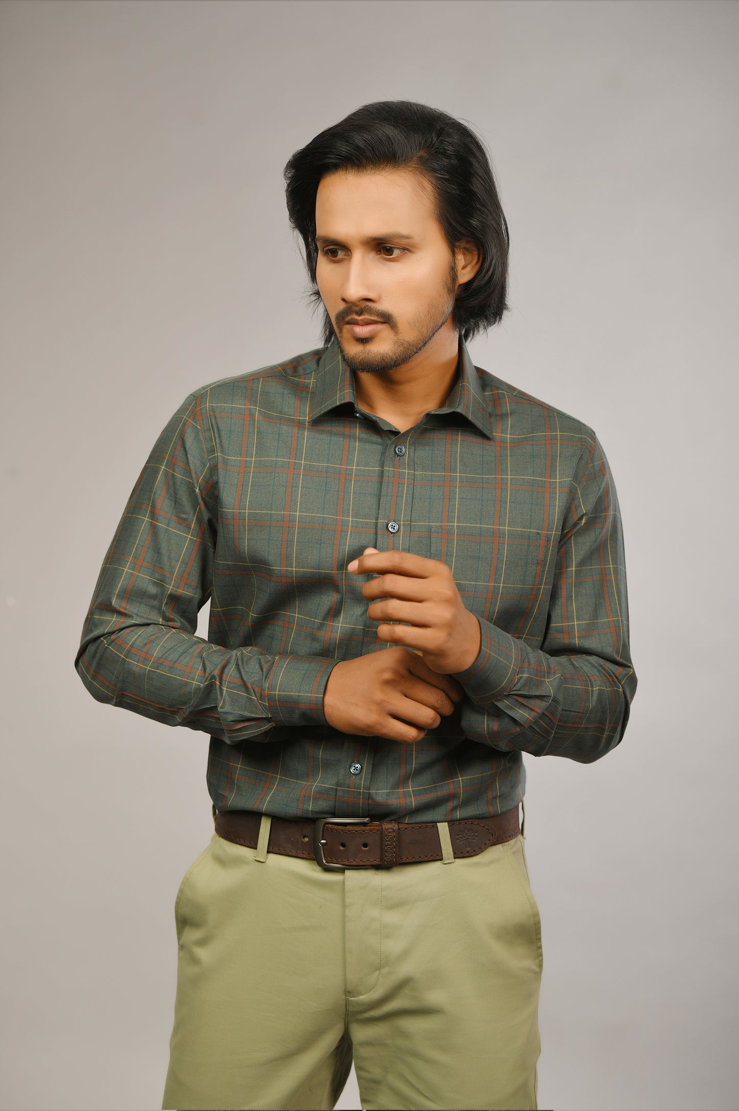 Olive Green Melange Check Shirt