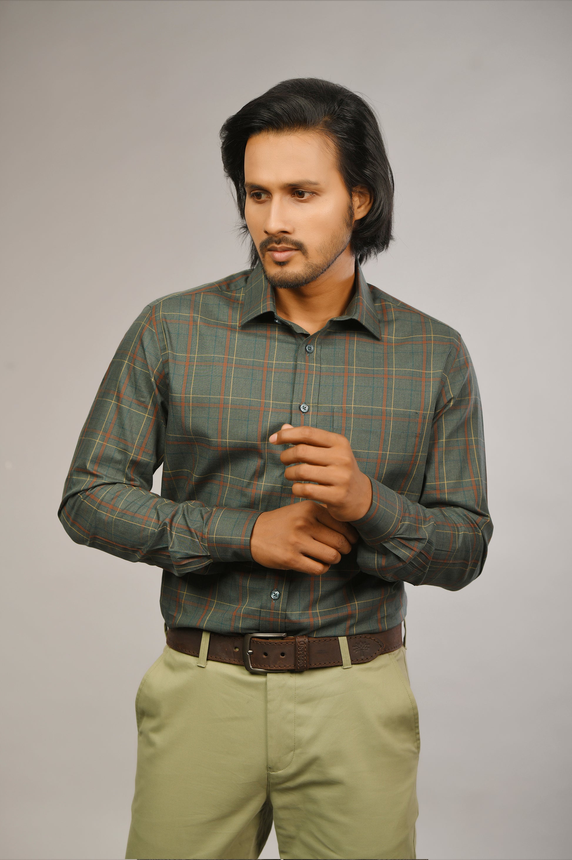 Olive Green Melange Check Shirt