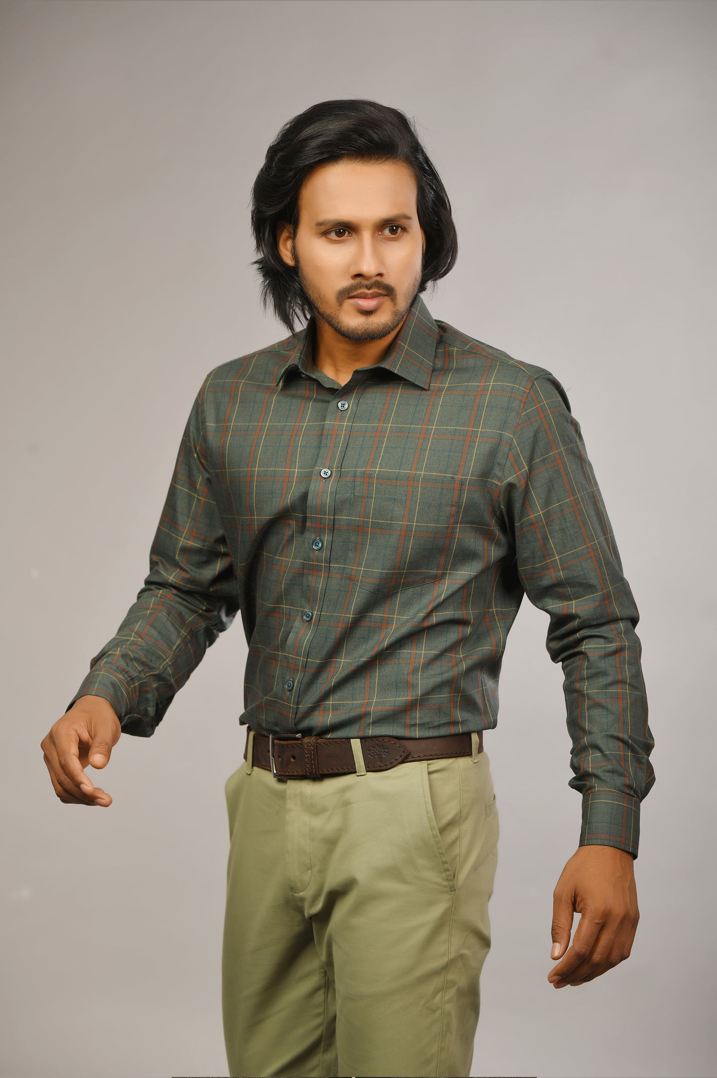 Olive Green Melange Check Shirt