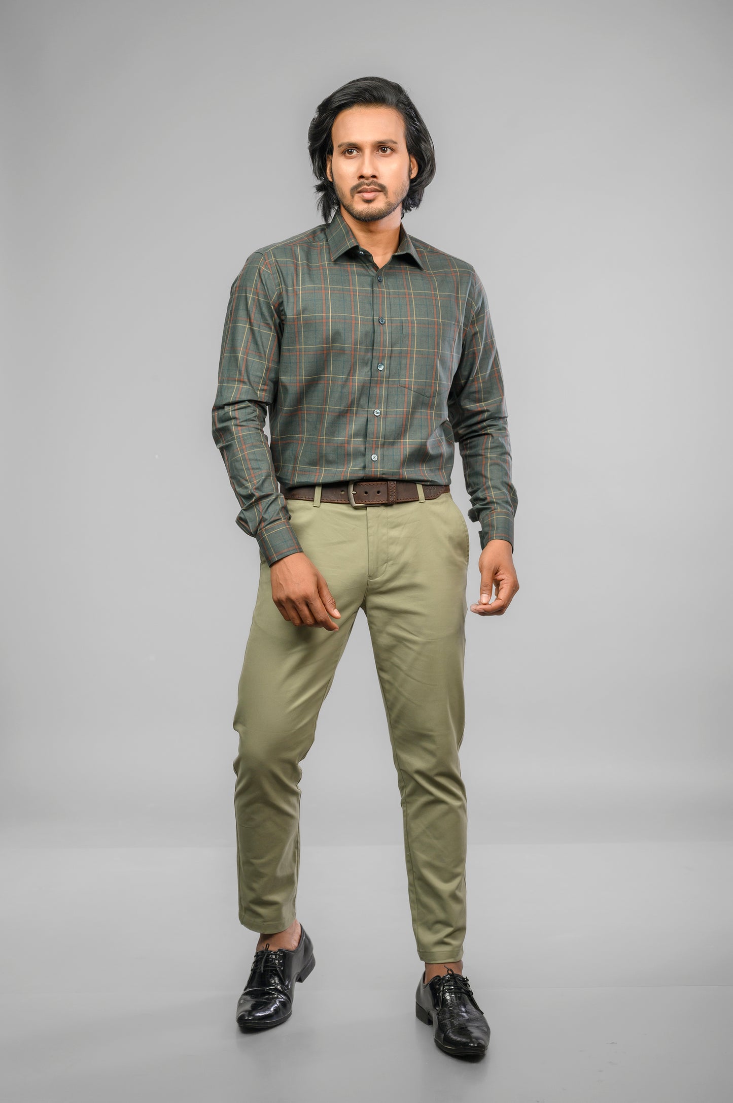 Olive Green Melange Check Shirt