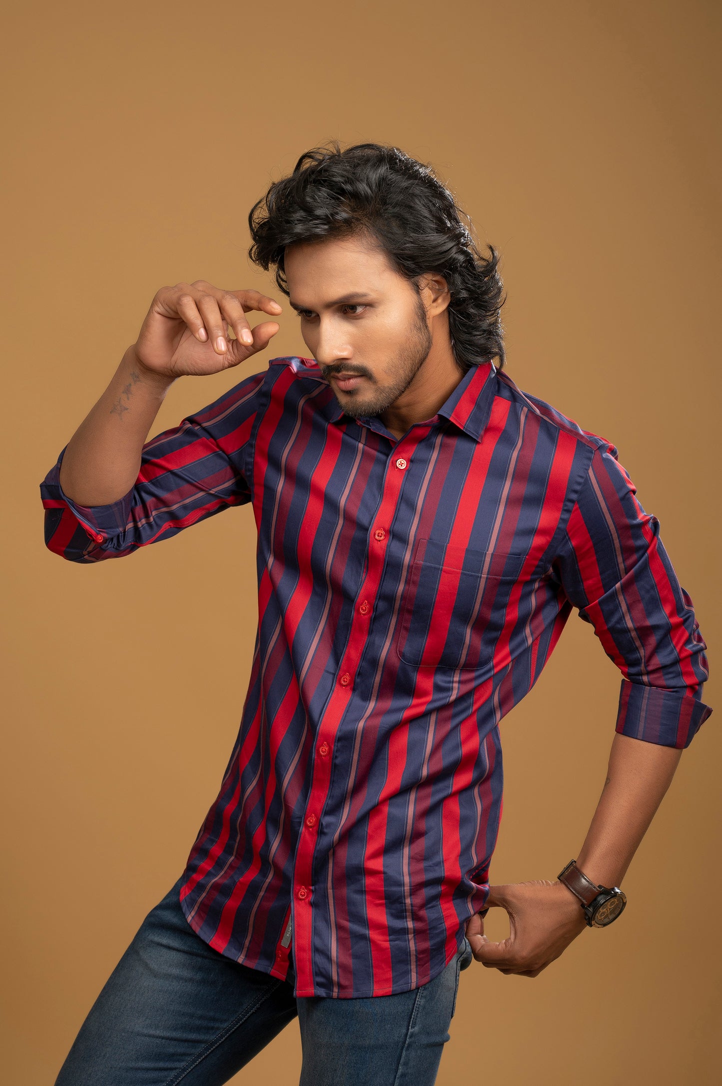 Navy Blue & Red Striped Regal Shirt