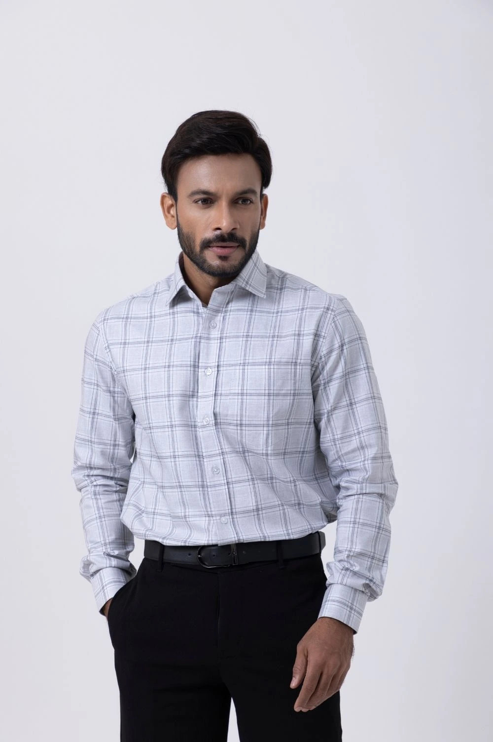 Men's Giza Classic Black and White Checked Shirt by Tailors Cove in a smart setting.