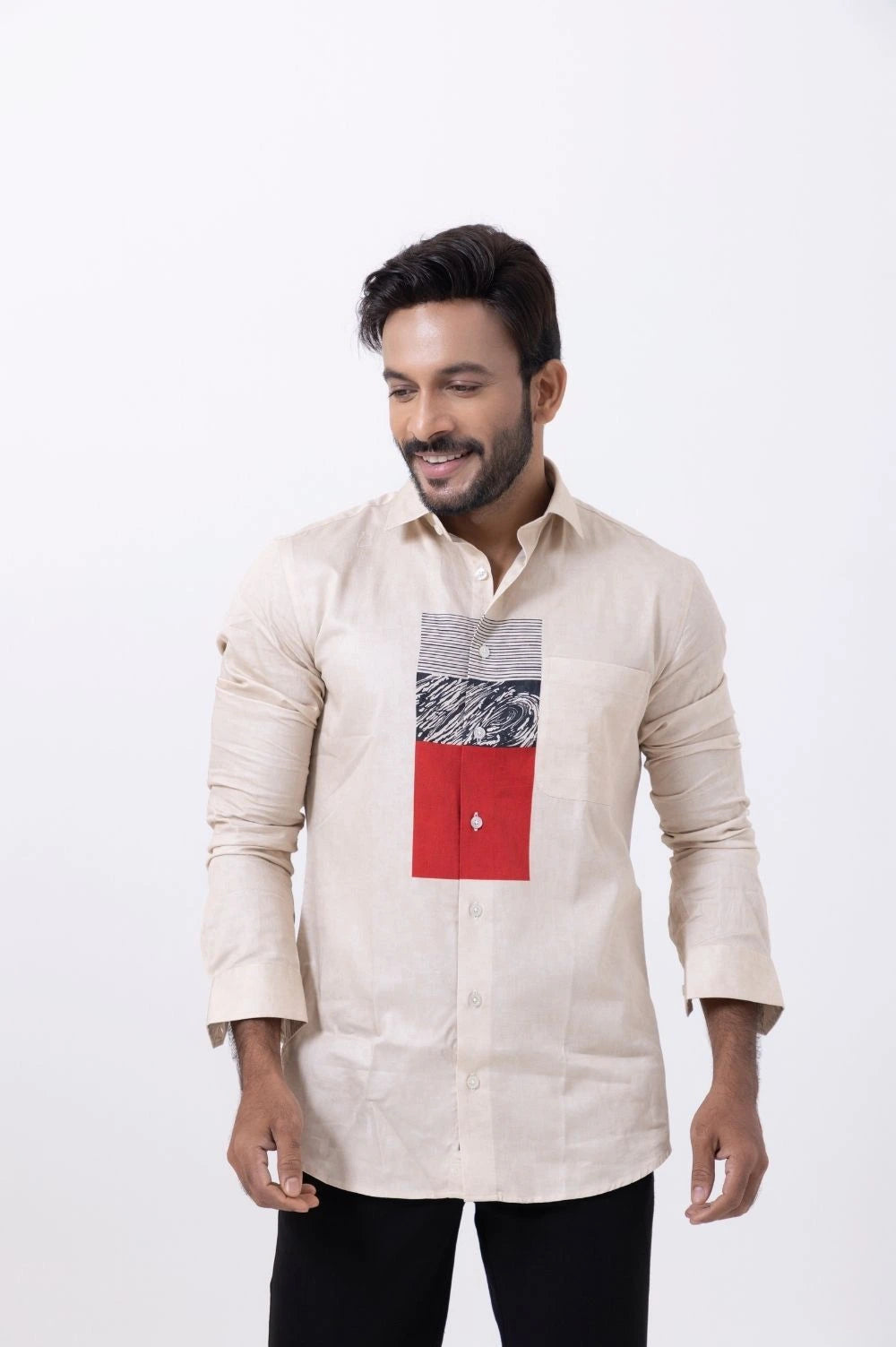 Men's fashion: Off white designer Giza cotton shirt with a colorful patterned detail on the chest.