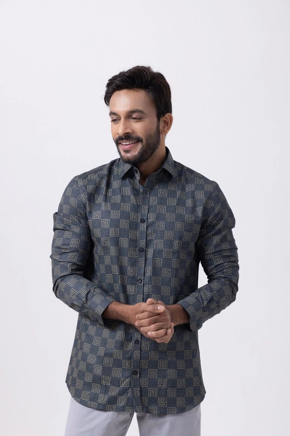 Men's premium cotton shirt with satin weave and geometric pattern, featuring a button-down design and slim fit.