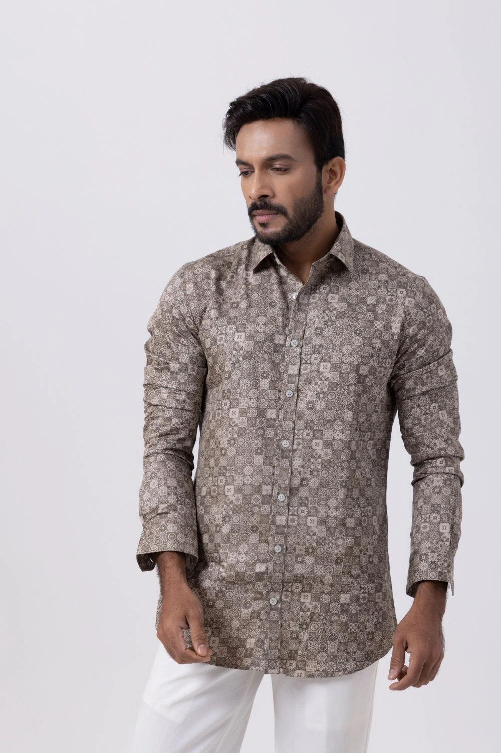 Men's printed full sleeve shirt in baglam linen, featuring vintage open collar style for casual and formal wear.
