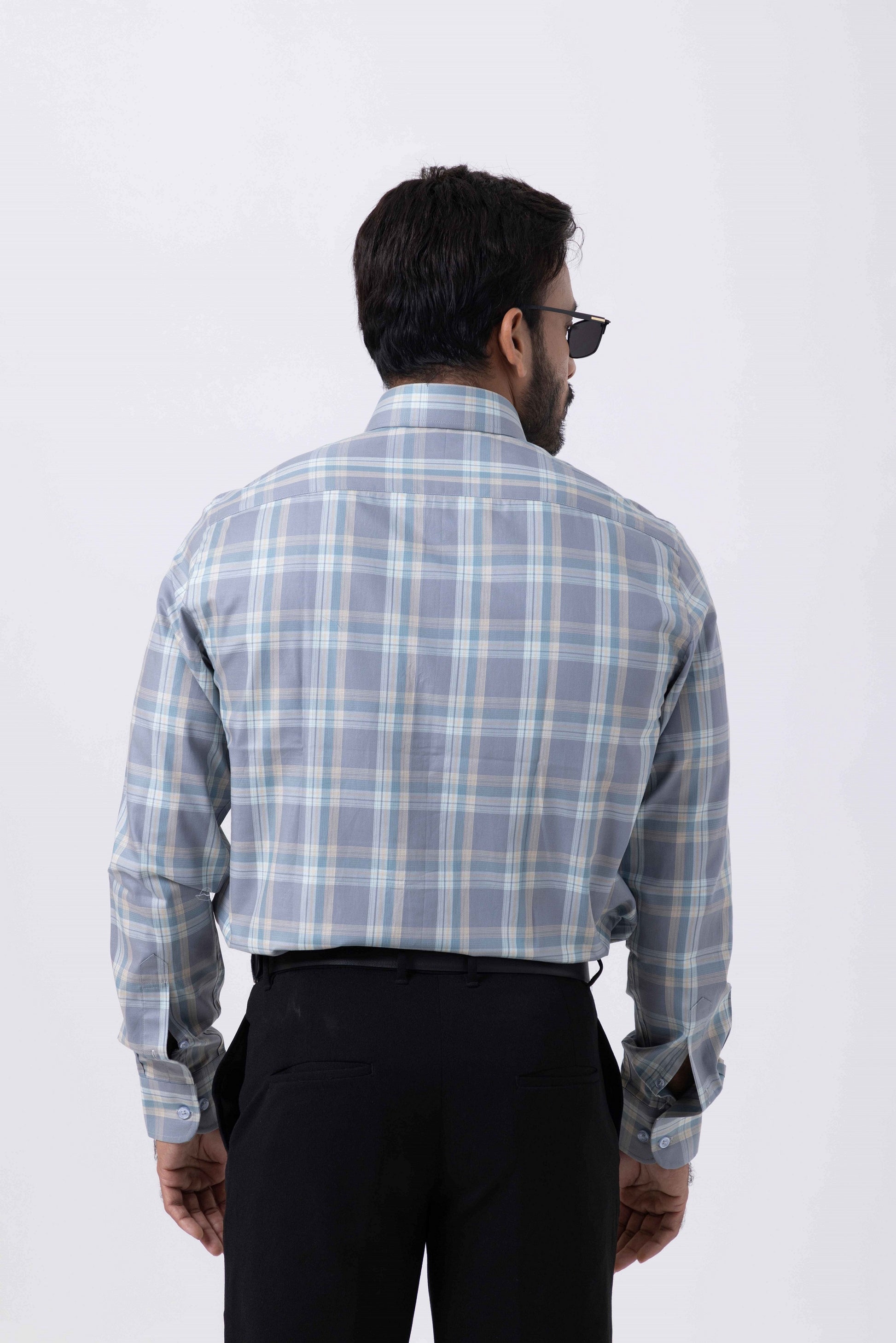 Men's grey checkered Giza cotton shirt showing back view, featuring regular fit and English spread collar.