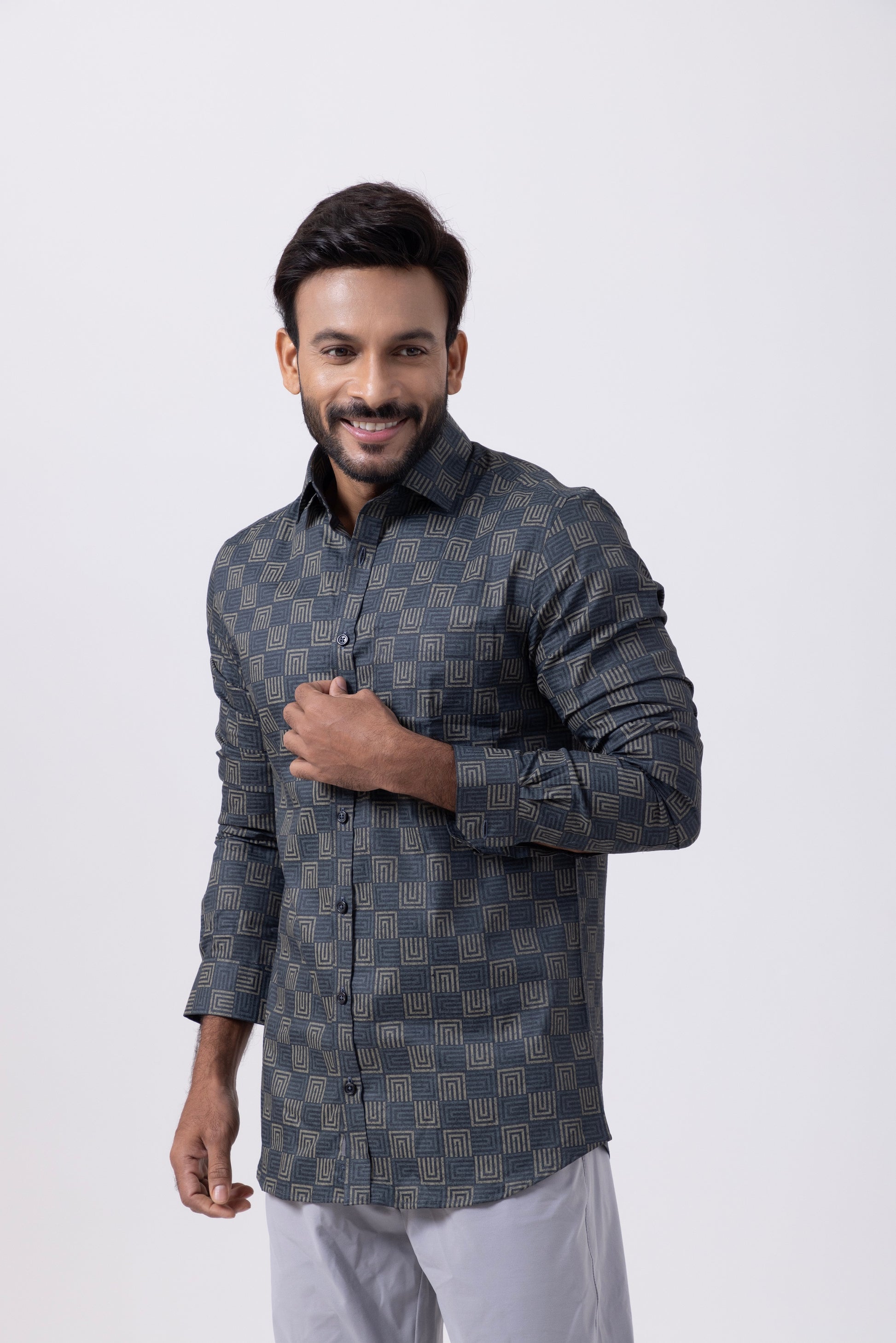 Men's premium cotton shirt with a luxurious satin weave in geometric patterns and classic button-down design.