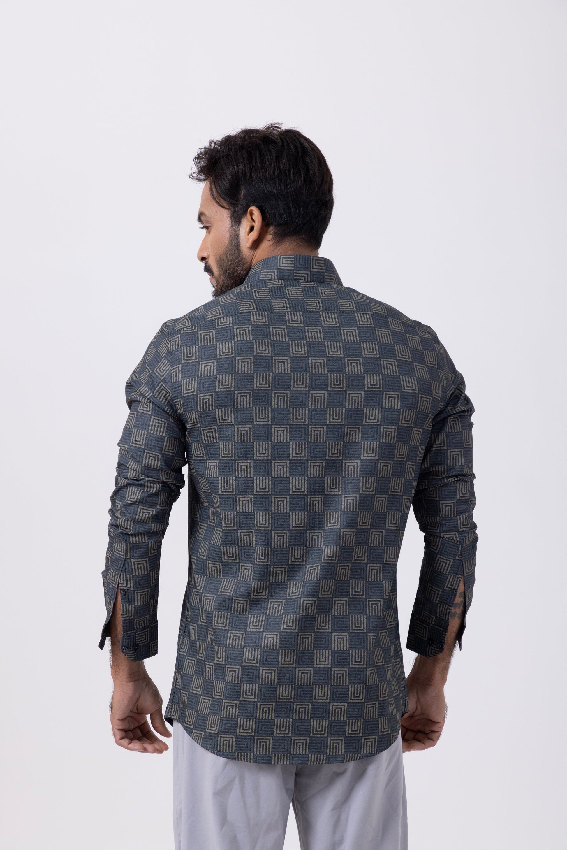 Men's premium cotton shirt with a geometric pattern and slim fit, showcased from the back.