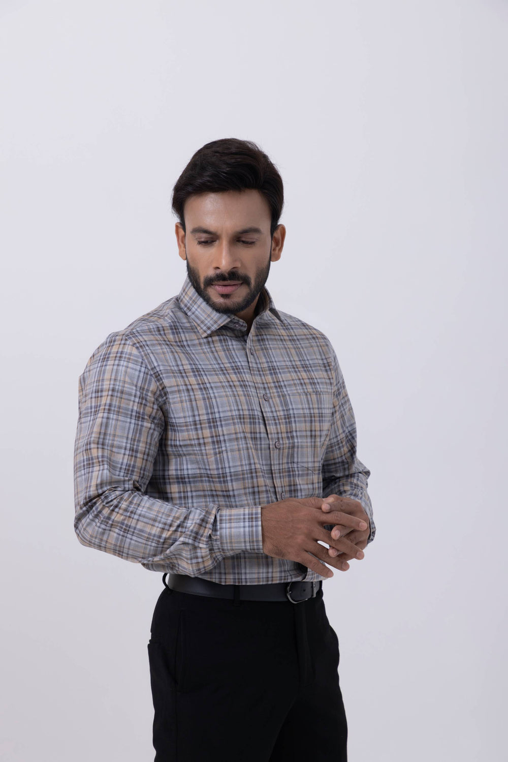 Men's regular fit shirt in gray and orange checks, perfect for elevating casual men's fashion.