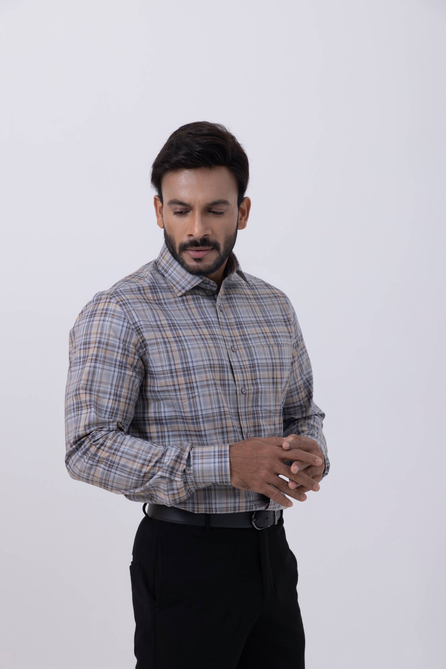 Men's regular fit shirt in gray and orange checks, perfect for elevating casual men's fashion.
