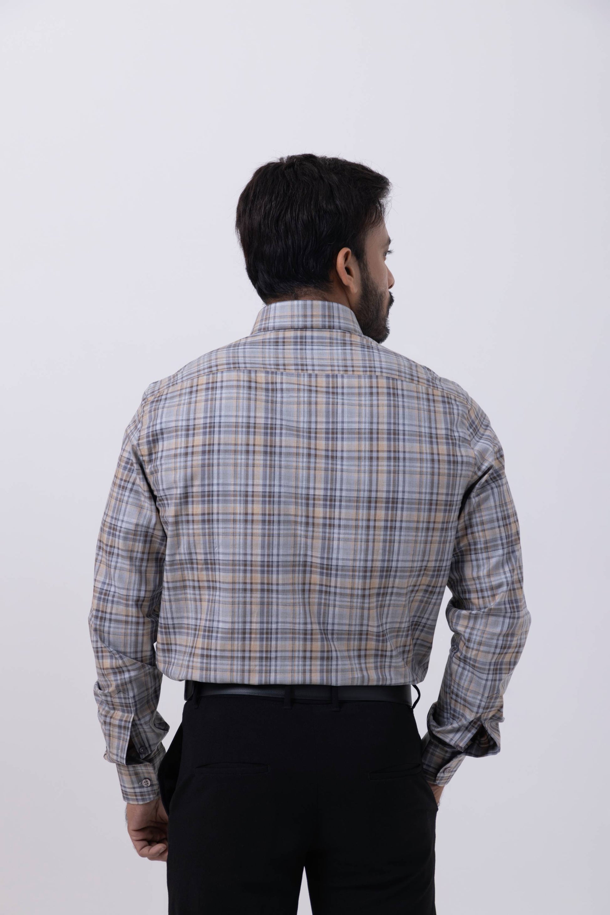 Men's Gray Orange Checked Regular Fit Giza Cotton Shirt showing back view, perfect for modern men's fashion.