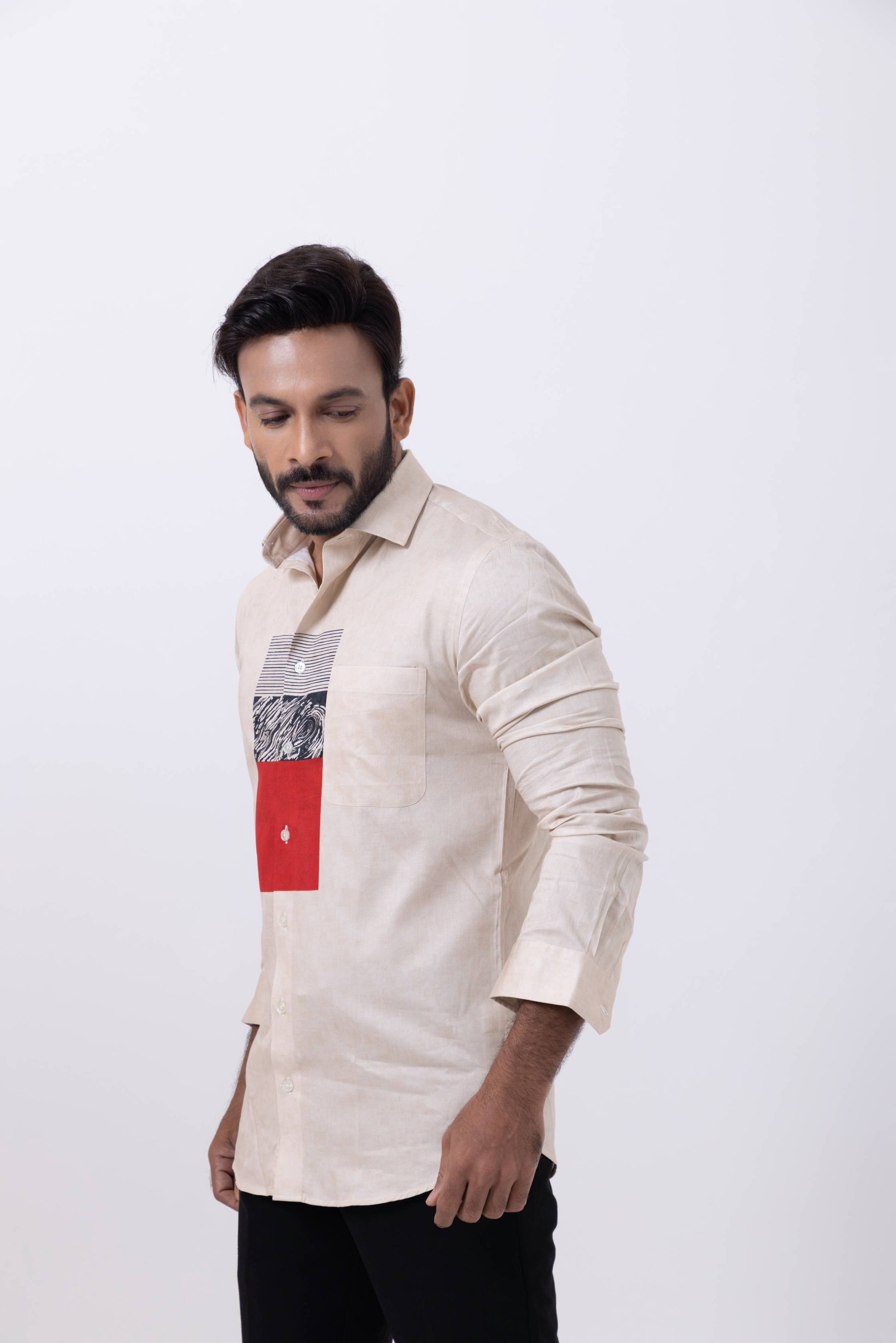 Men's Off White Designer Giza Cotton shirt featuring a unique print, perfect for stylish men's fashion.