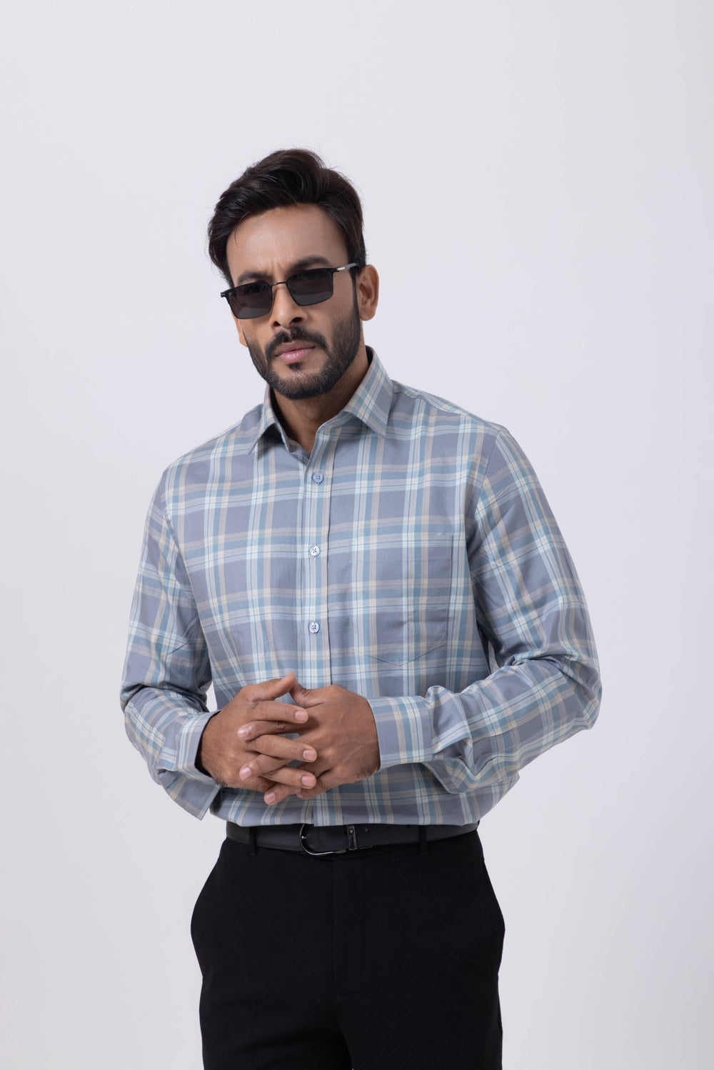 Men's grey checkered regular fit Giza cotton shirt by Tailors Cove, featuring an English spread collar and stylish design.