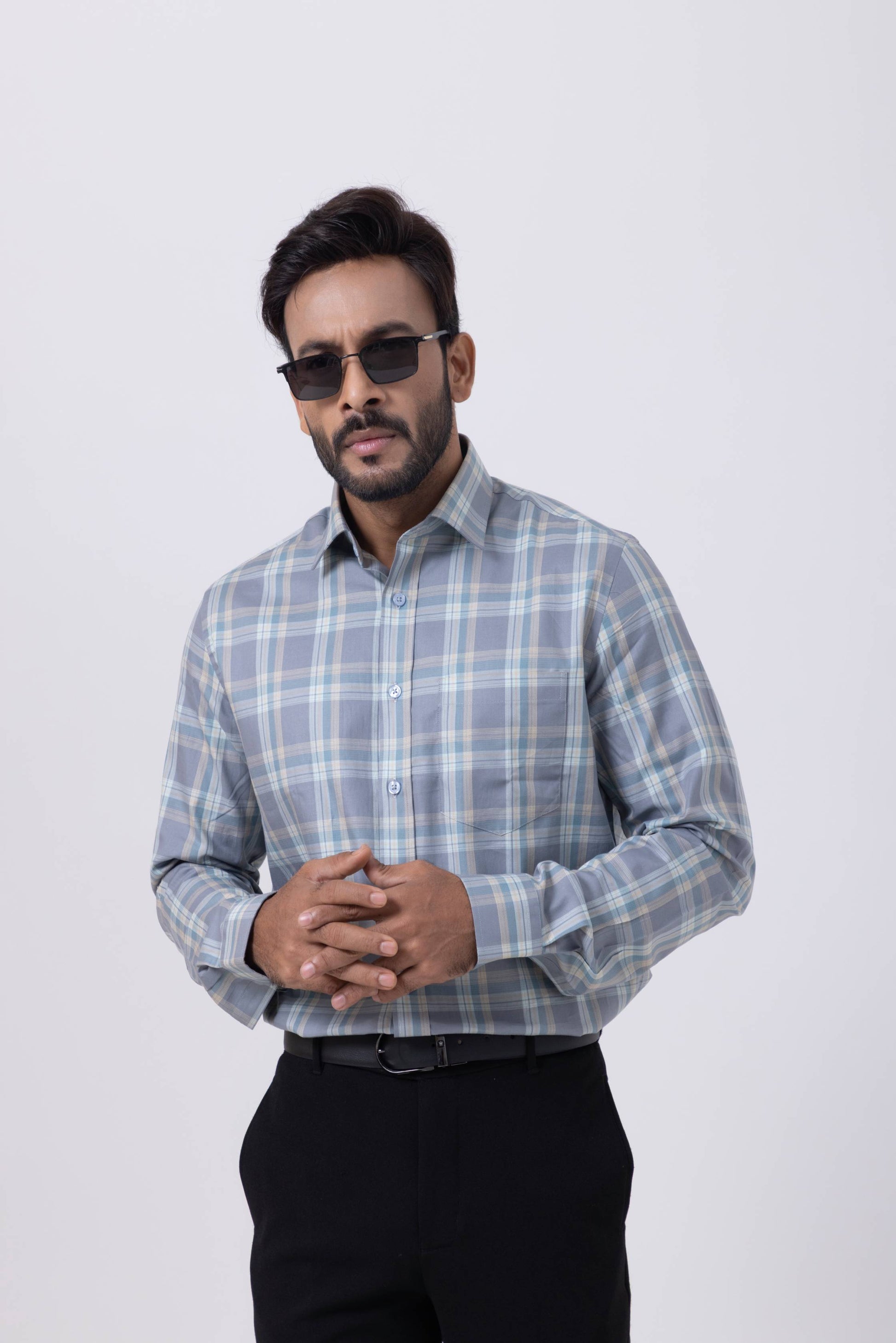 Men's grey checkered regular fit Giza cotton shirt by Tailors Cove, featuring an English spread collar and stylish design.