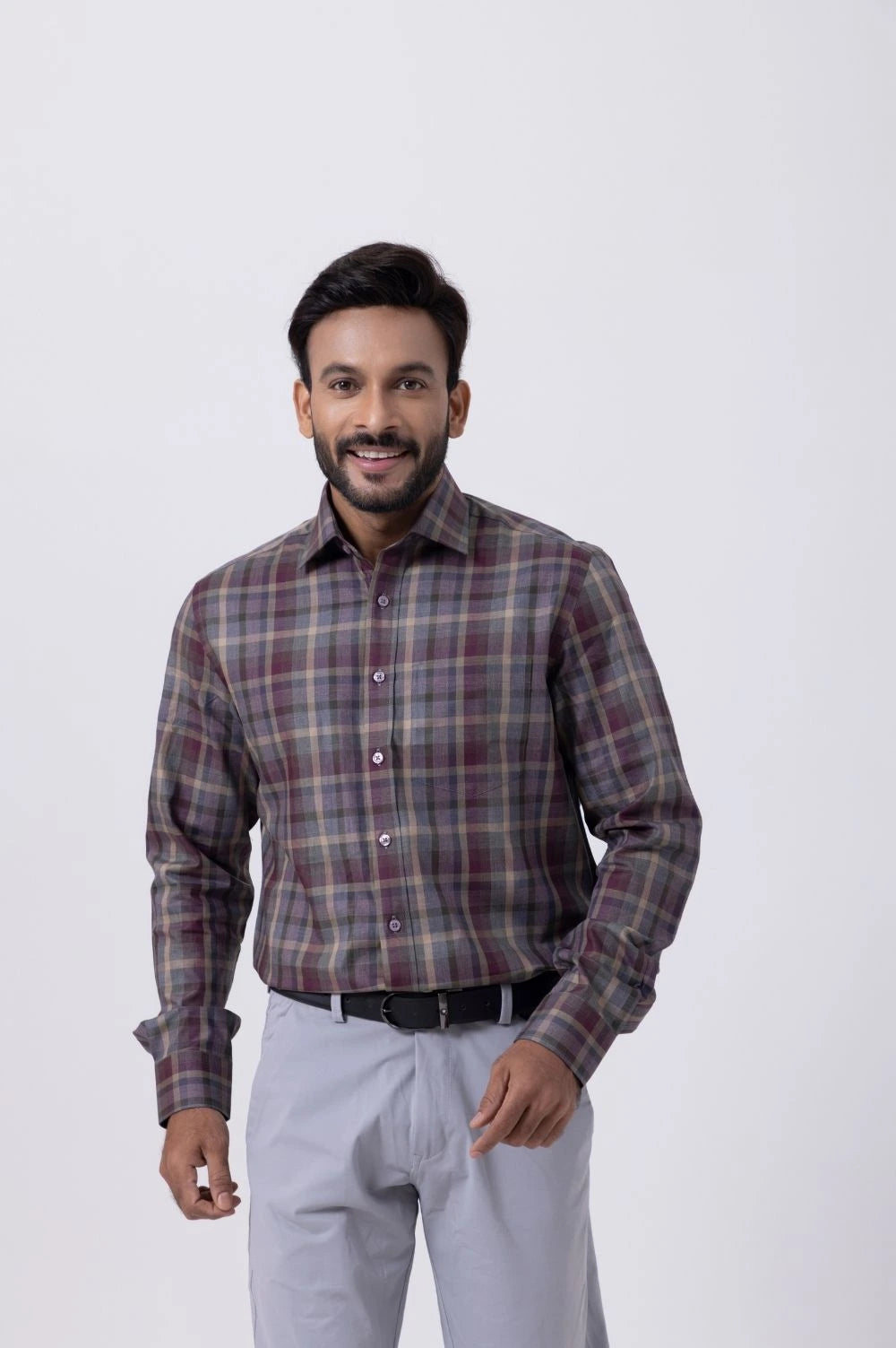Men's violet checkered regular fit Giza cotton shirt, perfect for casual or formal occasions.