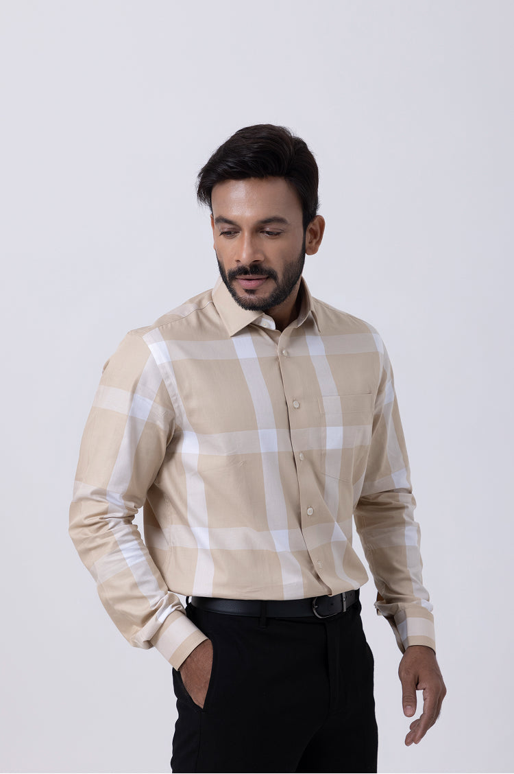 Giza Big Check Cream Regular Fit Shirt