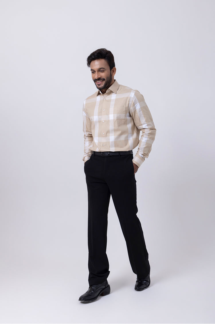Giza Big Check Cream Regular Fit Shirt